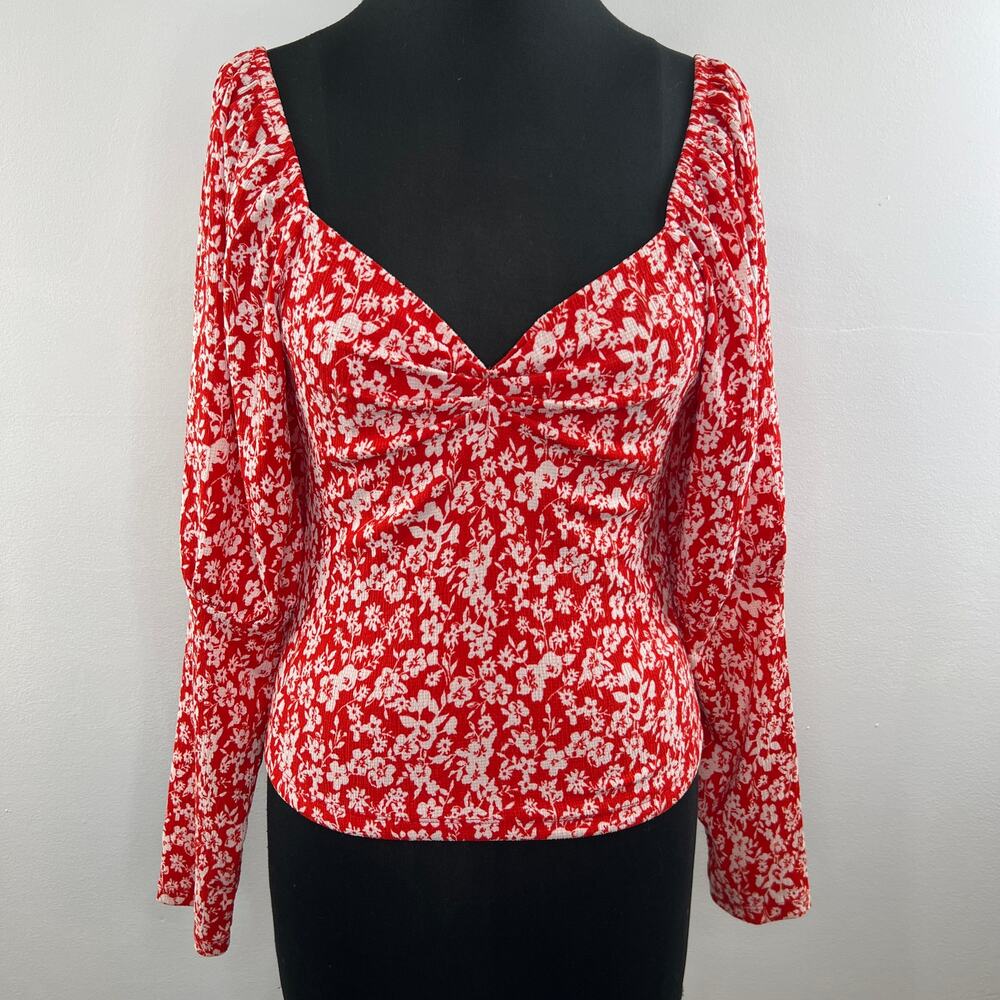 Anthropologie Red White Print Long Sleeve Puff Shoulder Sweetheart Neckline Sz M